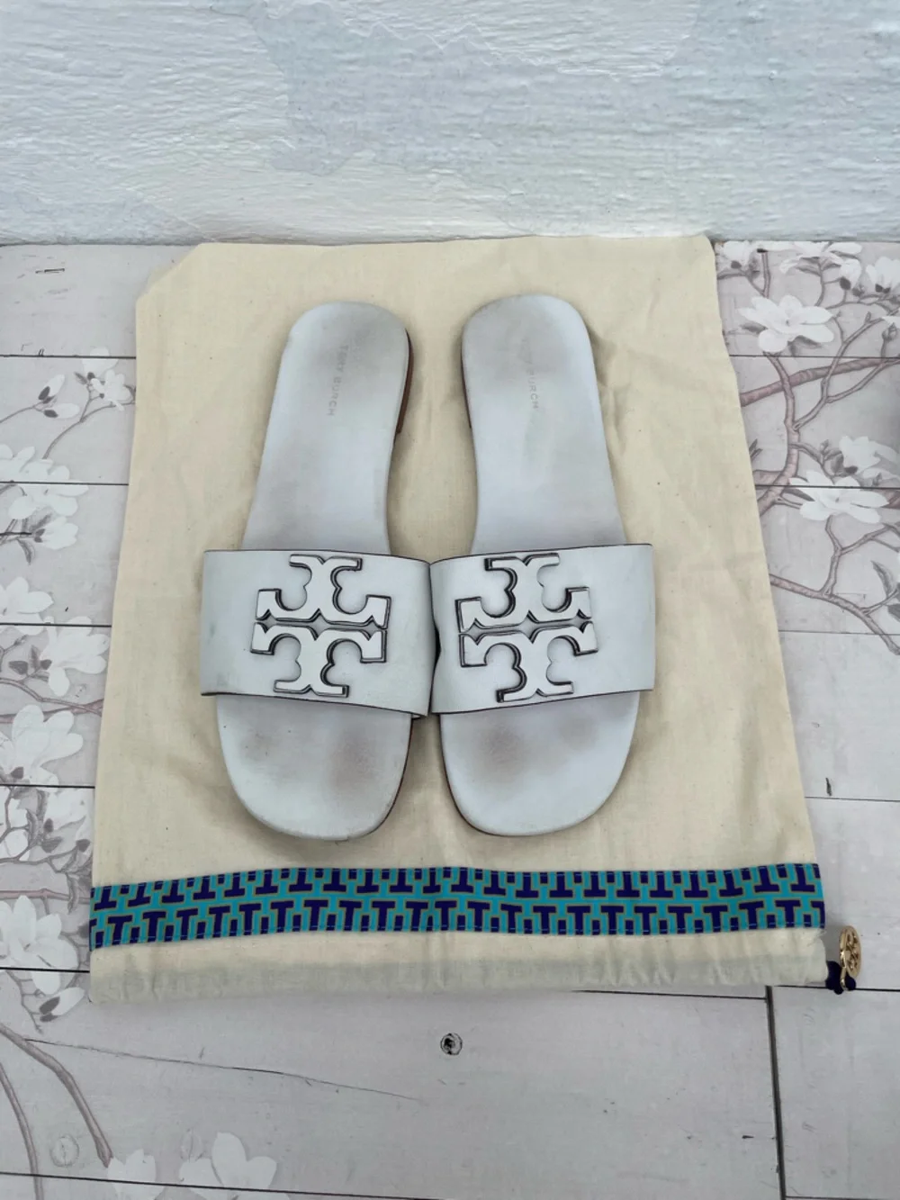 Tory Burch White Leather Logo Slide Sandals
